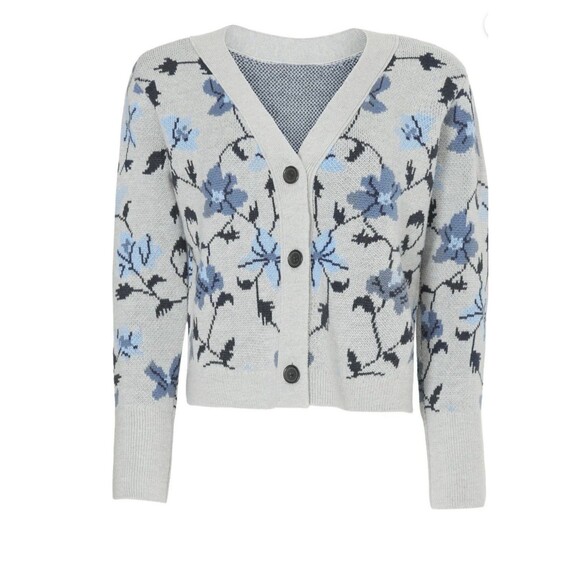 Club Monaco Floral Jacquard Cardigan Grey Blue Size M - Picture 3 of 13